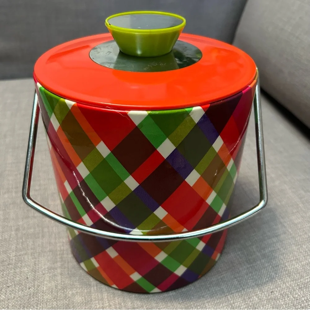 60-70’s Vintage Mod Retro Plaid Vinyl Ice Bucket MCM #10012510